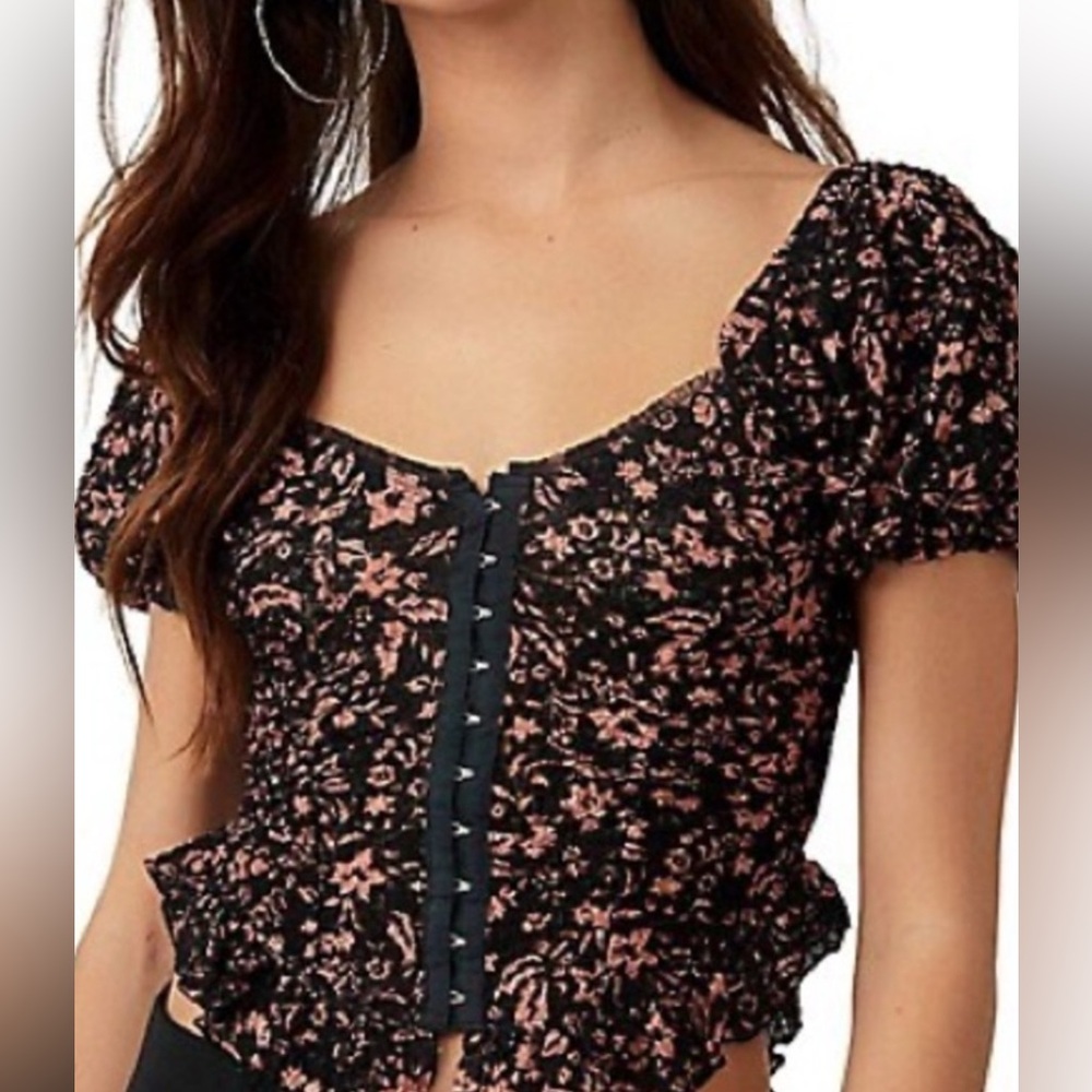FREE PEOPLE Bohemian  Y2K Crop Floral dark romantic Blouse NWT